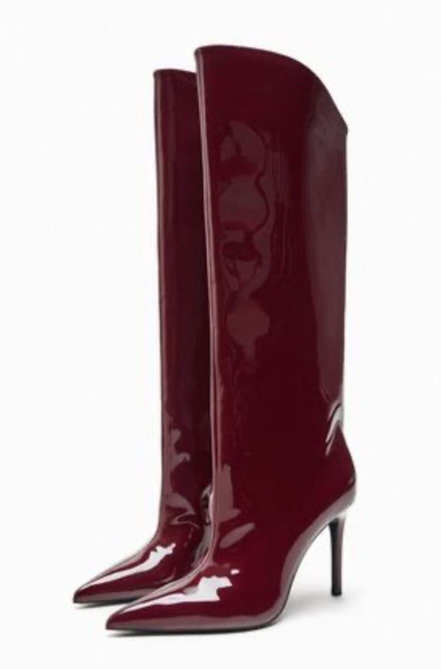 NWT Zara Burgundy Patent Knee High Boots Pointed Toe Stiletto Heel Size 10